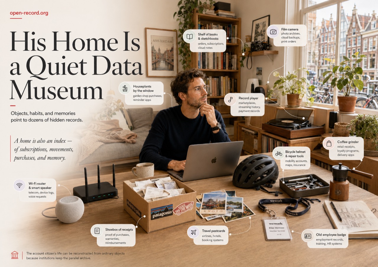 Elias at a table in an Amsterdam home surrounded by ordinary objects that point to digital records.